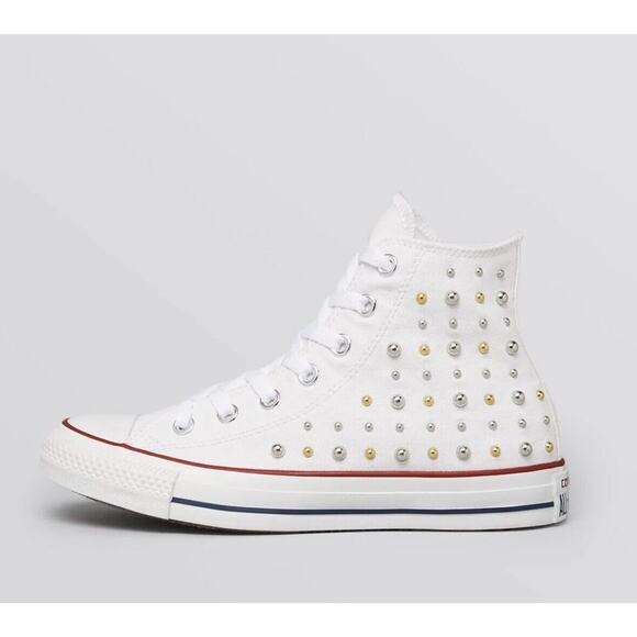 Converse Women US 8 Chuck Taylor All Star Hi Top Sneaker Gold silver Studs NWOB - Picture 2 of 10